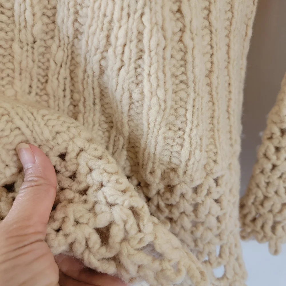 VTG EXPRESS Handknit Tan Wool Blend Cardigan M Eyelet Y2K Cottagecore Festival